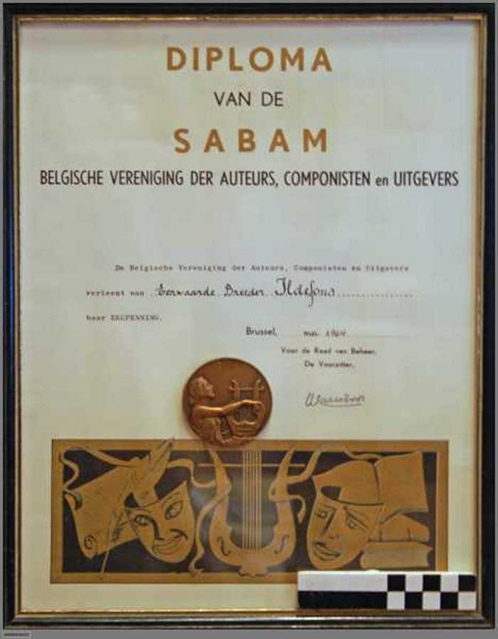 Medaille en Diploma van de Sabam, Belgische Vereniging der Auteurs, Componisten en uitgevers aan Eerwaarde Broeder Ildefons
